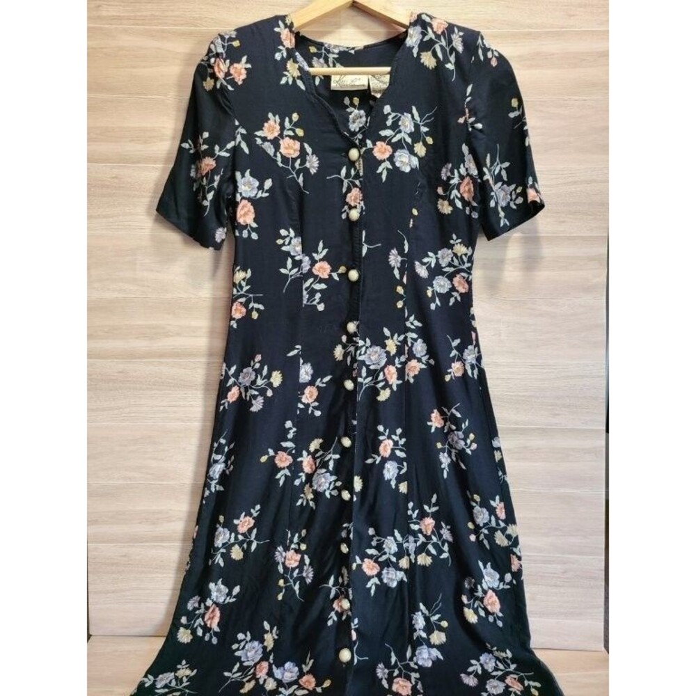 Vintage Kathie Lee Floral Midi Dress 4 Navy Blue Rayon Cottagecore Button Front